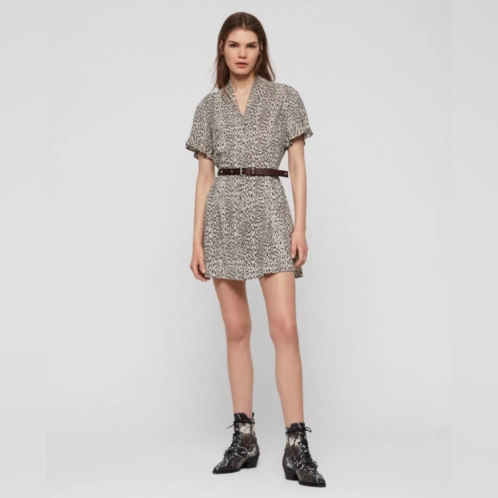 AllSaints Fay Lep Leopard Animal Print Button Mini Flutter Sleeve Dress Size XS - Picture 1 of 8